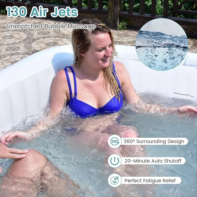 Goplus Inflatable Hot Tub, 4-6 Person Spa w/130 Air Jets & Heater