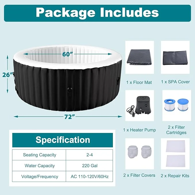 Mosener 2-4 Person Inflatable Hot Tub with 120 Bubble Jets