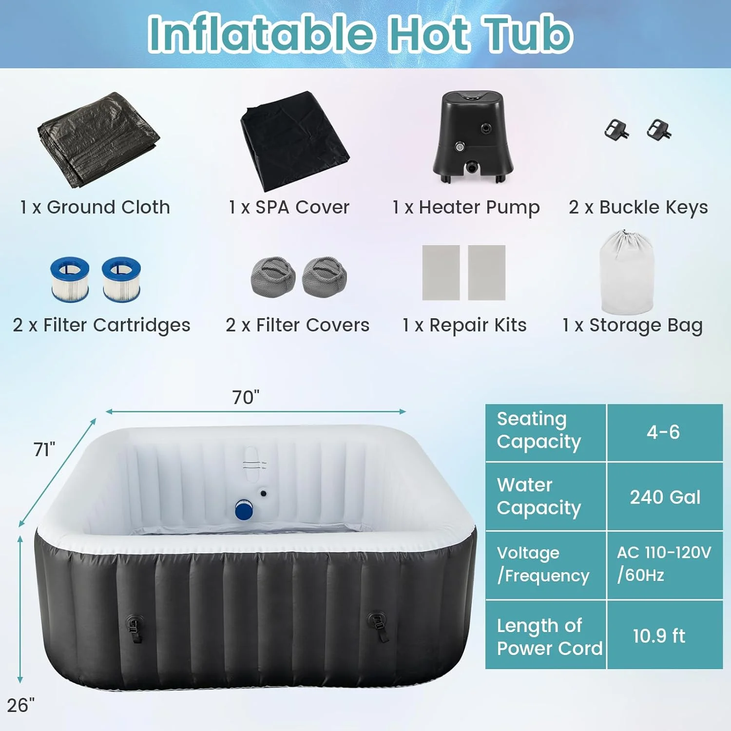 Goplus Inflatable Hot Tub, 4-6 Person Spa w/130 Air Jets & Heater