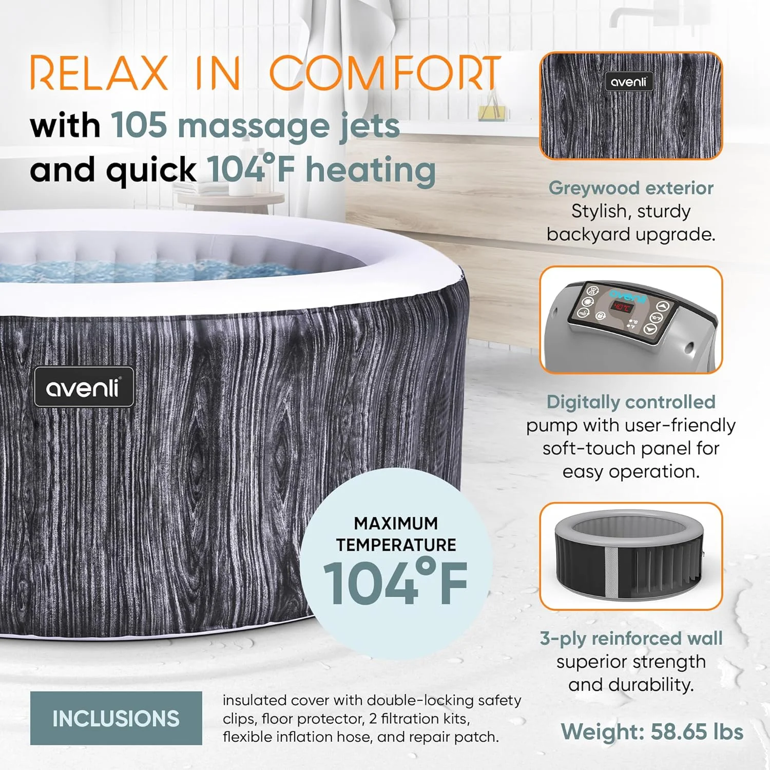 JLeisure Greywood 4-Person Inflatable Hot Tub Spa, Gray